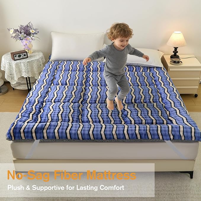 King Mattress Pad 78 x 80 inches, King Size Mattress Cover Warm Thicken Velvet Breathable and Comfortable with 4 Elastic Band, Deep Pocket Stretchable up to 15 inches Washable, Blue W Stripes