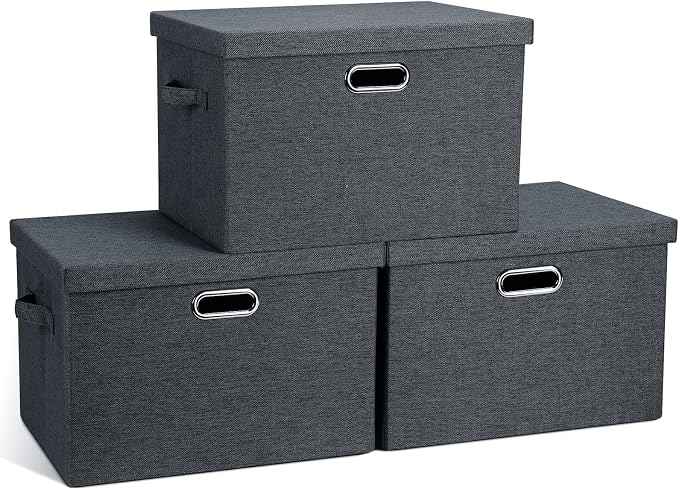 Graciadeco Large 17" 36 Quart Collapsible Stackable Storage Bins with Lids, 3 Packs Dark Gray Foldable Fabric Closet Storage Boxes with Lids, Heavy-duty Linen Cube Baskets(17x12x11) by GraciadecoStorage
