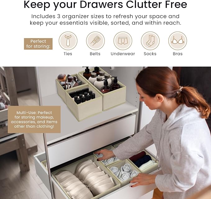 Reli. Drawer Organizer Clothes (14 Pack) | Dresser Drawer Organizers & Nursery Organization | Foldable Fabric Dresser Storage Dividers for Bras, Nursery, Changing Table, Baby Clothes, Clothing (Beige) - Image 3
