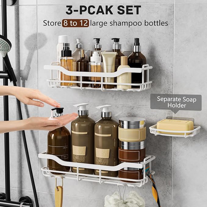 OMAIRA 3-Pack Shower Caddy with Soap Holder, Adhesive Rustproof No-drill Strudy Loading Inside Shower Organizer Shelves Rack Storage Bathroom Organization for Smooth Wall Glass Tile, White (X-Large) - Image 4