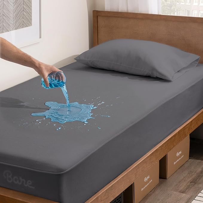 Bare Home Twin Size Mattress Protector - 100% Waterproof & Breathable - Cooling Mattress Cover - Protects Against Spills - Vinyl Free Noiseless - Dorm Essentials - Protect Your Mattress (Twin, Grey)