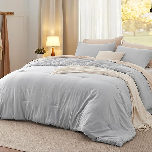 Bedsure King Comforter Set, Light Grey Soft Prewashed Bedding for All Seasons, 3 Pieces GentleSoft™ Bed Set, 1 Lightweight Comforter (104"x90") and 2 Pillowcases (20"x36")