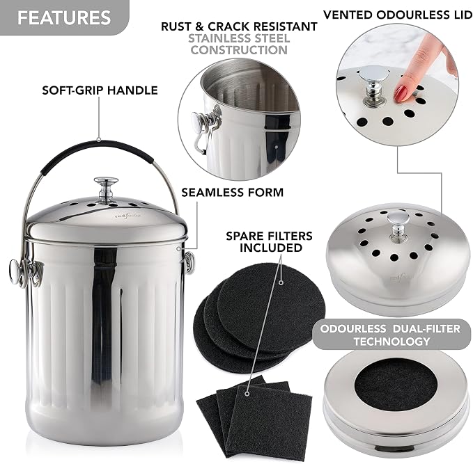 RED FACTOR Premium Compost Bin for Kitchen Countertop - Stainless Steel Food Waste Bucket with Innovative Dual Filter Technology - Includes Spare Filters (Brilliant Steel, 1.3 Gallon) - Image 6