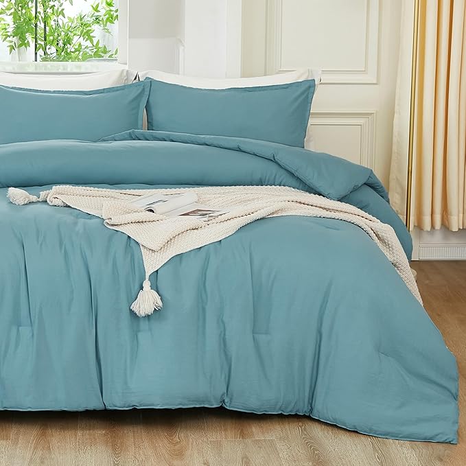Litanika Oversized King Comforters Grayish Teal Super King Plus Size, 3 Pieces Lightweight Solid Bedding Comforter Set, All Season Fluffy Bed Set (128x120In Comforter & 2 Pillowcases)
