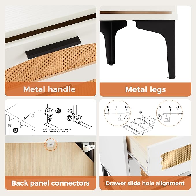 Mericonia 6 Drawer Double Dresser for Bedroom, Wood Rattan Dresser for Closet with Metal Legs, Boho TV Stand with Drawers, Dressers & Chests of Drawers for Bedroom, Hallway and Entryway, White