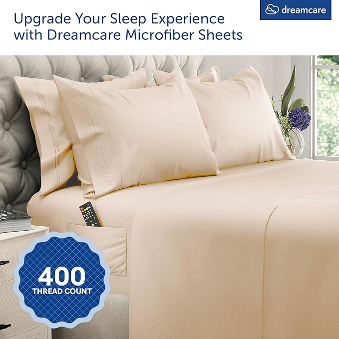 DREAMCARE King Size Sheets Set - 6 pcs Breathable Cooling Bed Sheets - up to 15" Deep Pocket King Sheet Set with Side Pockets - Extra Soft 100% Brushed Hypoallergenic Hotel Luxury Bedding - Wheat
