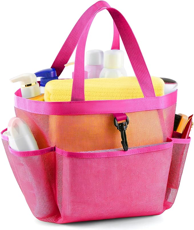 LOYEE Mesh Shower Caddy Portable for College Dorm Room Essentials with 8 Pockets, Shower Bag for Beach, Swimming, Gym, Travel, Bathroom(All rose pink) by LOYEE