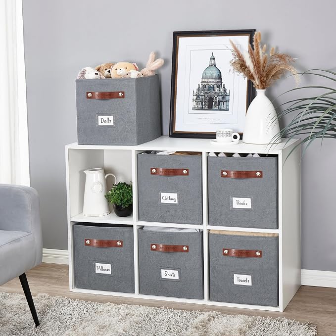 DECOMOMO Storage Bins, Cube Storage Bin with Labels, Fabric Storage Cubes for Shelves (11" / 6pcs, Texture Grey) - Image 2