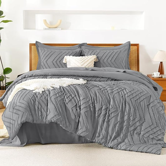 Litanika Full Size Comforter Set with Sheets Medium Gray - 7 Pieces Bed in a Bag Full Chevron Tufted Complete Bedding Sets with Comforter, Sheets, Pillowcases & Shams