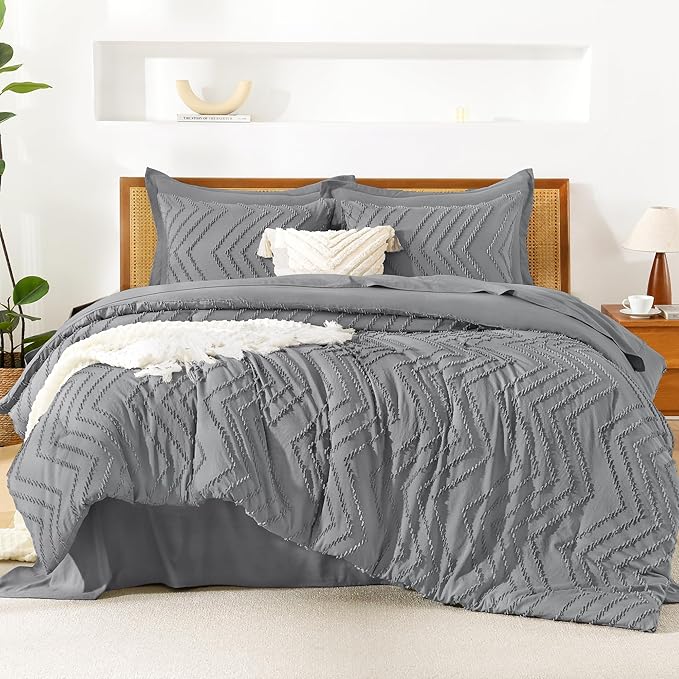 Litanika King Size Comforter Set with Sheets Medium Gray - 7 Pieces Bed in a Bag King Chevron Tufted Complete Bedding Sets with Comforter, Sheets, Pillowcases & Shams