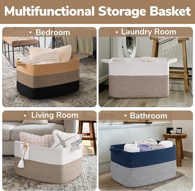 Goodpick Large Blanket Basket 22" x 17" x 12" Wicker Laundry Baskets for Organizing, Decorative Woven Rope Basket for Living Room Bedroom, Rectangle Toy Storage Baskets for Kids - Image 5