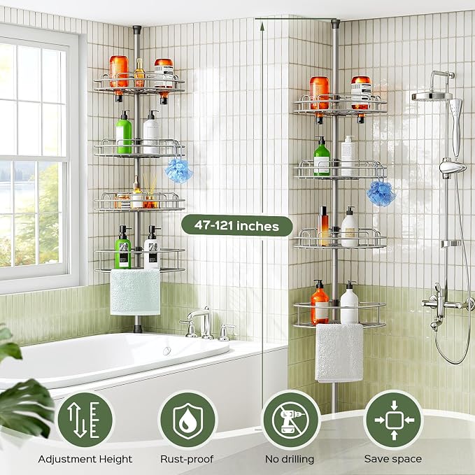 HAMITOR Corner Shower Caddy Tension Pole: 4-Tier Rust-Resistant Adjustable Bathroom Organizer Shelves - 47-121 Inch No-Drill Quick Installation - Space-Saving Storage for Renters Family - Silver Gray - Image 7