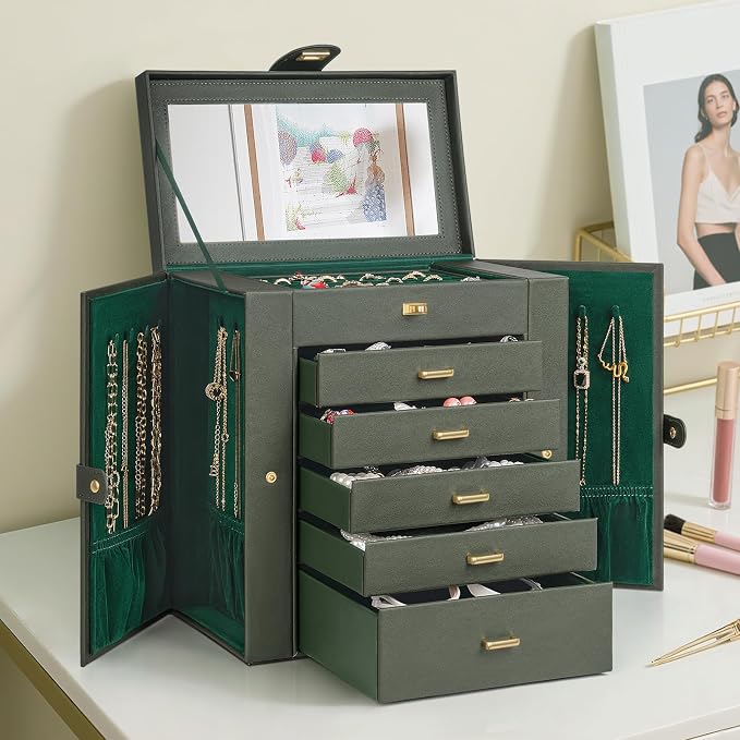 AKOZLIN Huge Jewelry Box Organizer Functional Large Leather Jewelry Storage Case for Women Girls Ring Necklace Earring Bracelet Holder Organizer with Mirror - Image 7