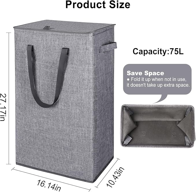 Odonata 75L Slim Laundry Hamper with Lid,Large Foldable Laundry Basket with Removable Bag and Handles Tall Collapsible Dirty Clothes Basket Great for Bedroom, Bathroom, Dorm, College,RV. (Grey, 75L) - Image 2