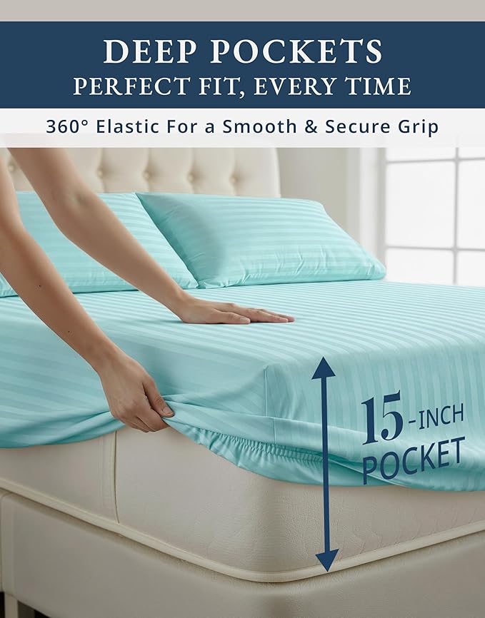 LANE LINEN 100% Egyptian Cotton Luxury Bedding Queen Sheet Set, Fade Resistant, No Pill, Naturally Cooling, Soft & Comfy Silky Smotth Sateen Weave Sheets Damask Stripe - Blue Sky