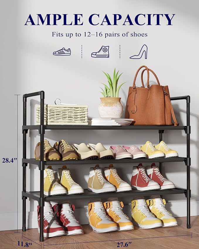Kitsure Shoe Rack - 3-Tier Shoe Organizer, Shoe Rack for Closet, Entryway, Bedroom, Easy- Assembly Storage Shelf with Side Handles, 27.6" Wide - 3 Tiers, Black - Image 3