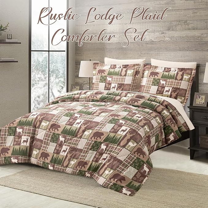 Comforter Set Queen Size Bear Moose Plaid Comforter Bedding-7 Piece Bed in a Bag,Soft Reversible Patchwork Microfiber Bedding Set (1 Comforter,1 Flat Sheet,1 Fitted Sheet,2 Pillowcases,2 Pillow Shams)