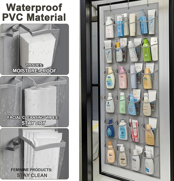 Over The Door Shoe Organizer - Space Saving Shoe Rack for Closet Door with 24 Crystal Clear Pockets and Metal Hooks, Shoe Holder Back of Door Organizers for Shoes, Gray Hanging Shoe Organizer (Gray) - Image 6