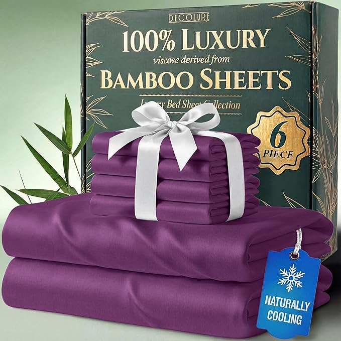 DECOLURE 100% Viscose Derived from Bamboo Sheets Full Size - Luxury 6 Pc Naturally Cooling Sheets, Ultra Soft Bed Set - Deep 17" Pockets, Durable Double Stitching, Oeko Tex Standard (Purple)