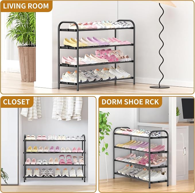 Hleelomi 4-Tier Expandable Shoe Rack for Entryway，Adjustable Metal Shoe Organizer for Closet,Living Room,Dorm,Black - Image 8