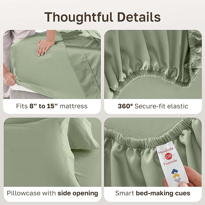 California Design Den Natural 100% Cotton Bed Sheets Twin Size Set - Luxury 600 Thread Count Sateen, Fully Elasticized Deep Pocket Sheet Set, Durable Bedding - Laurel Green