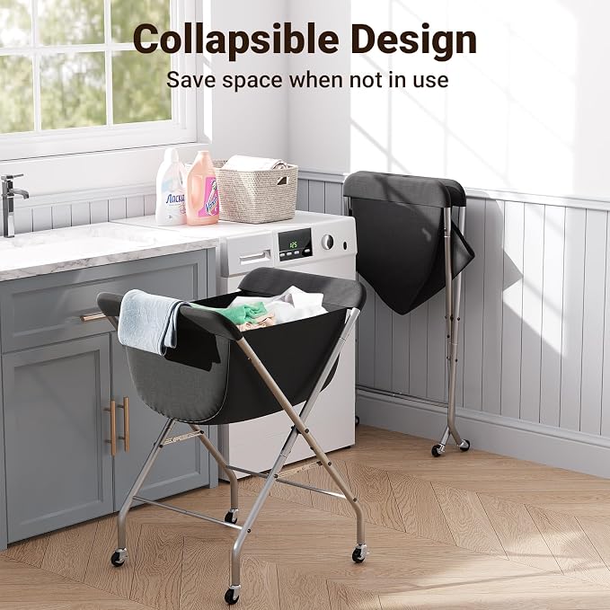 ELYKEN Laundry Cart with Wheels, 33”H Easy Rolling Laundry Hamper with Removable Liner Bag, Sturdy Metal Frame Clothes Basket with 4 Casters and 2 Brakes - Image 4