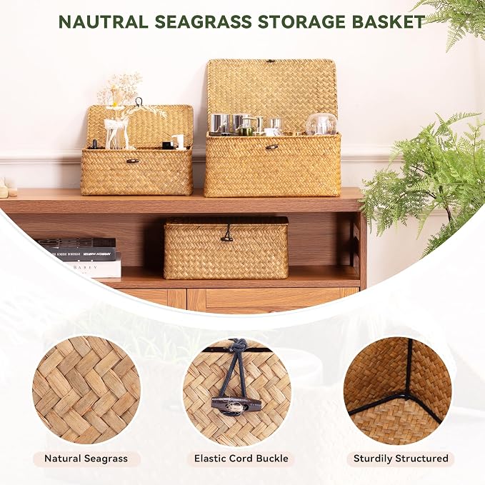 Nonam Storage Basket with Lid, Natural Seagrass Bin with Lid Set of 3, Shelf Baskets Multipurpose Container for Boho Decoration, Rectangular Household Storage Boxes for Home Organization-Natural - Image 9