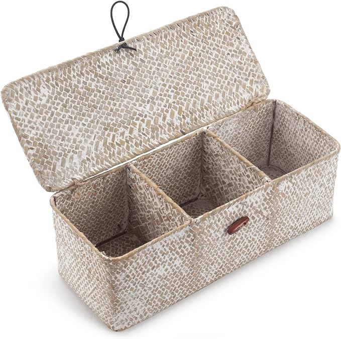 Seagrass Storage Basket with Lid Rectangular Small Woven Shelf Baskets with Sections for Organize Snack Toys Whitewash by DECRAFTS