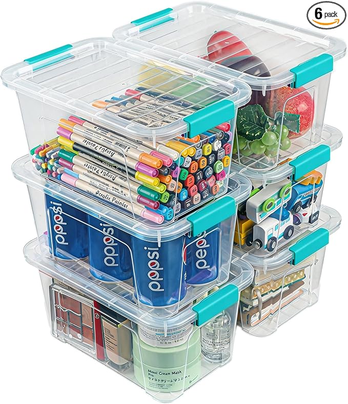 Storage Bins with Lids 6 Pack Clear Storage Containers, 7 Quart Stackable Plastic Containers with Secure Black Buckle Latch, Durable Storage Box Organizer for Pantry, Closet, Office & Classroom by EasyCozyHomey
