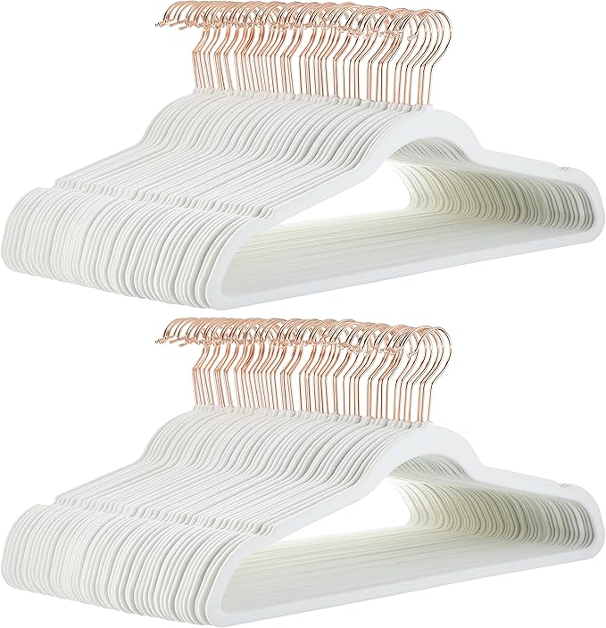 Amazon Basics Slim Velvet Non-Slip Space Saving Suit Clothes Hangers for Closet Organization, Ivory/Rose Gold, 100-Pack by AmazonBasics