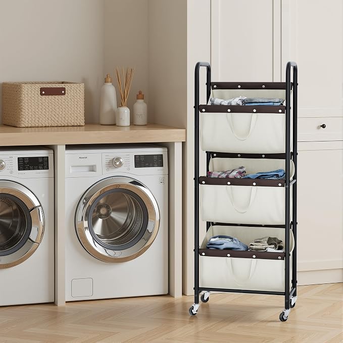 GRANNY SAYS 3 Tier Laundry Sorter, Laundry Basket with Wheels, Laundry Room Organization and Storage, 3 Section Rolling Laundry Cart for Dorm, Bathroom, Bedroom, Closet, Beige - Image 6