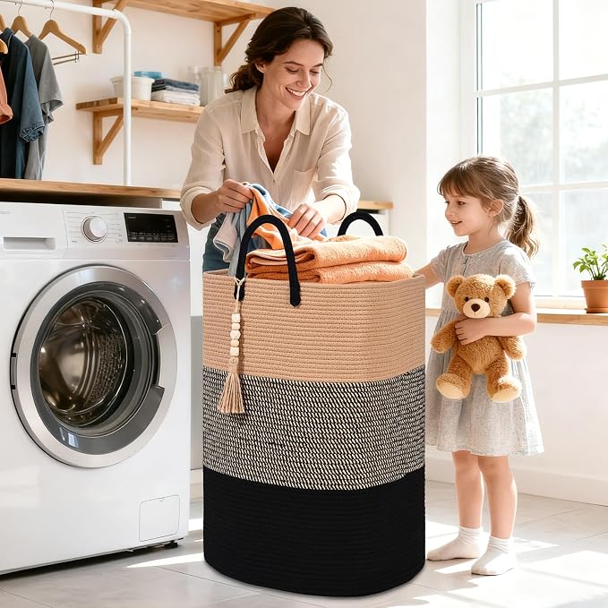Woven Laundry Basket for Clothes, 50 L Large Rectangle Laundry Hampers with Beads Tassel, Nursery Storage Basket for Toys, Tall Dirty Clothes Hamper for Bedroom Aesthetic, Laundry Room Organization - Image 2