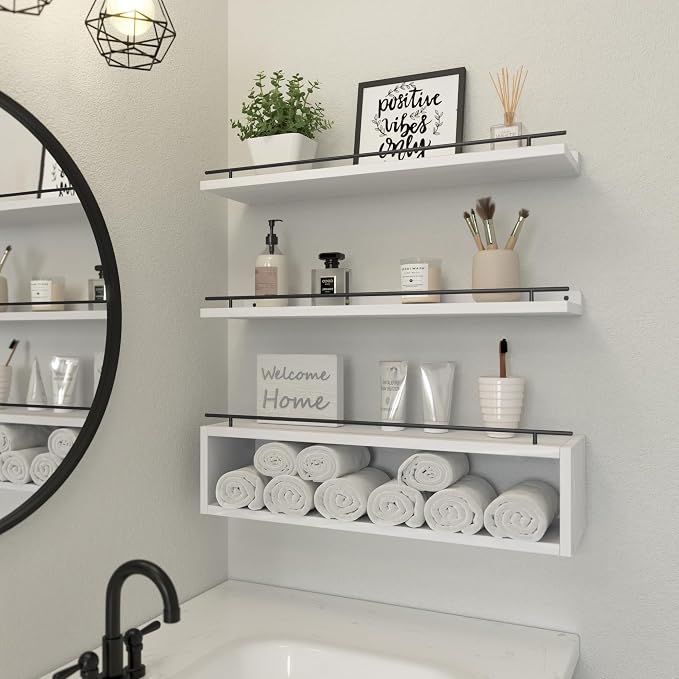 WOPITUES Floating Shelves for Wall 24 inch with Cube Shelf, Wall Shelves with Metal Rail for Bathroom Decor, Bathroom Organizers and Storage, Over Toilet Shelves, Toilet Paper-White - Image 2