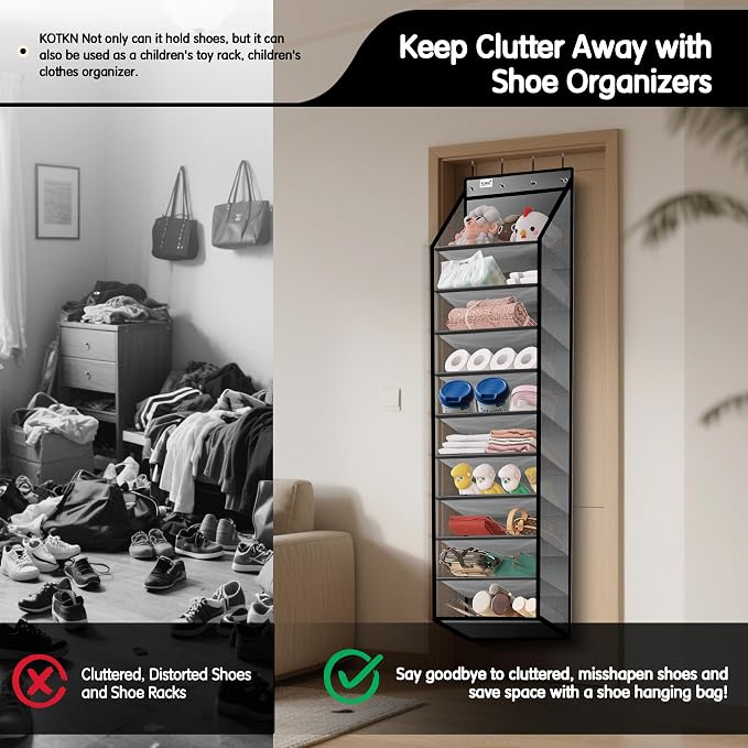 Kotkn 10 Tier Over The Door Organizer - Heavy Duty Hanging Storage Rack with Sturdy Oxford Fabric, Holds 20+ Pairs of Footwear, Boots & Sneakers, Saves 50% Closet Space (Gray) - Image 6