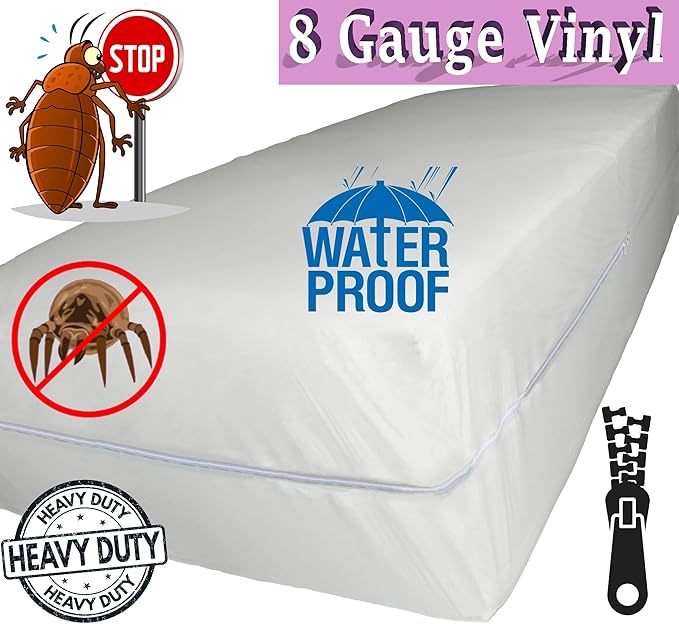 Superior Extra Heavy 8 Gauge Vinyl Mattress Protector Zippered Encasement Cover 100% Waterproof Queen White