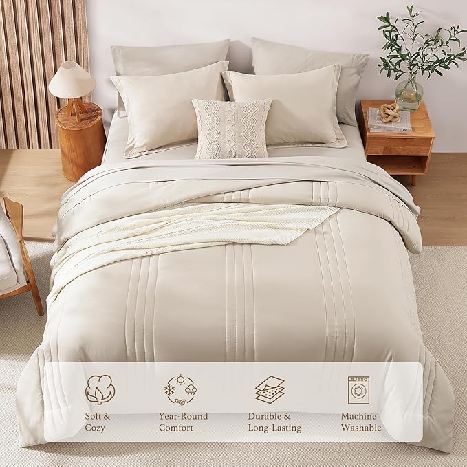 Monbix Queen Comforter Set - 7 Pieces Beige Bed in a Bag Queen Bedding Sets with Comforters, All Seasons Comforter Bed Set with Sheets, Pillowcases & Shams