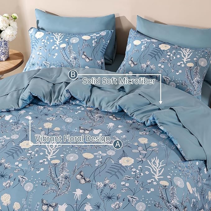 Yiran Blue Comforter Set King Size, 7 Piece Floral Comforter Bedding Set, Botanical Farmhouse Bed in a Bag, Soft Microfiber Complete Bedding Set with Sheets for All Season