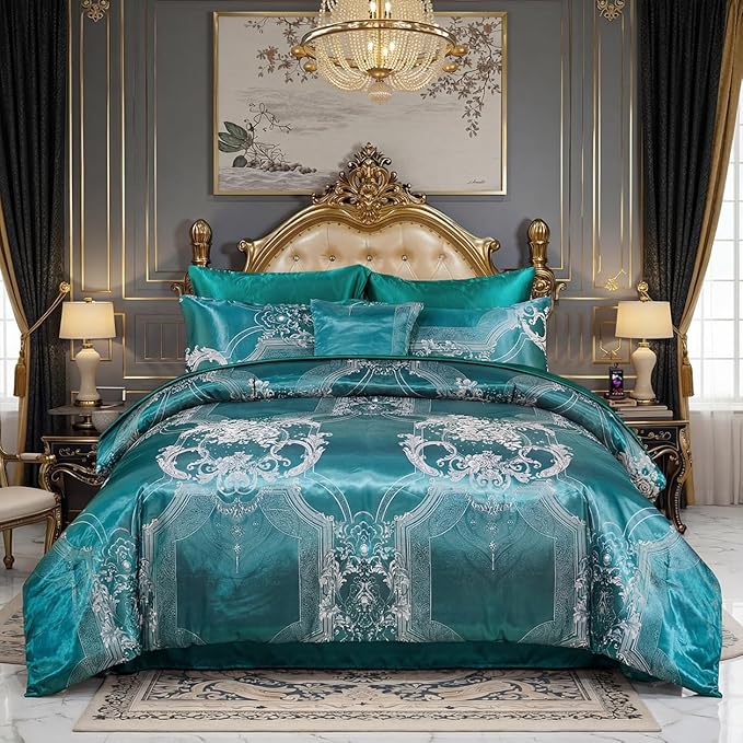 Bedding_Dreamer Jacquard Queen Comforter Set Green Sheet Set Satin Bedding Set 8 Pcs Vintage Neoclassical Floral Bed Home Decor Soft Comforter Luxury Hotel Silky Bed in a Bag with 1 Cushion Cover