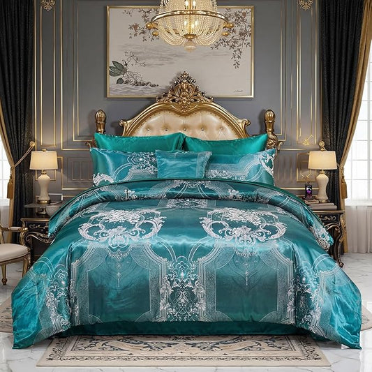 Bedding_Dreamer Jacquard Queen Comforter Set Green Sheet Set Satin Bedding Set 8 Pcs Vintage Neoclassical Floral Bed Home Decor Soft Comforter Luxury Hotel Silky Bed in a Bag with 1 Cushion Cover