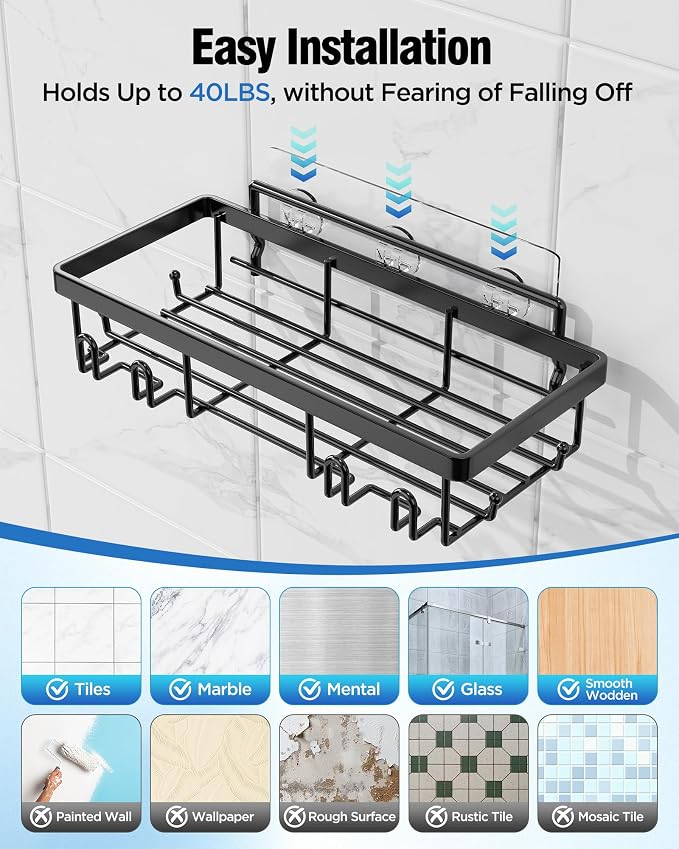 Shower Caddy 7 Pack, Adhesive Bathroom Shower Organizer for Bathroom Storage, No Drilling Large Capacity Rustproof Stainless Steel Shower Shelves Rack for Bath, Black - Image 7
