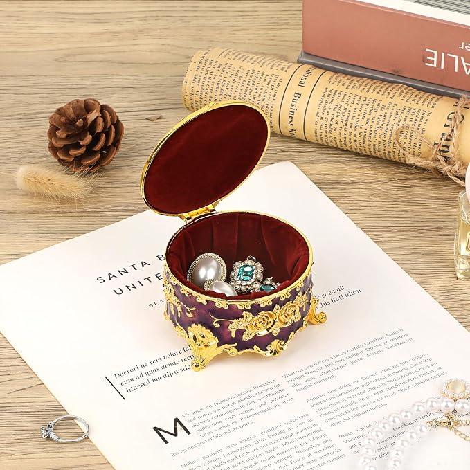 Hipiwe Vintage Jewelry Box Small Trinket Storage Organizer Box Gold Metal Chest Ring Case Treasure Chest Round Keepsake Boxes for Earrings Necklace Gift for Women,Purple - Image 4