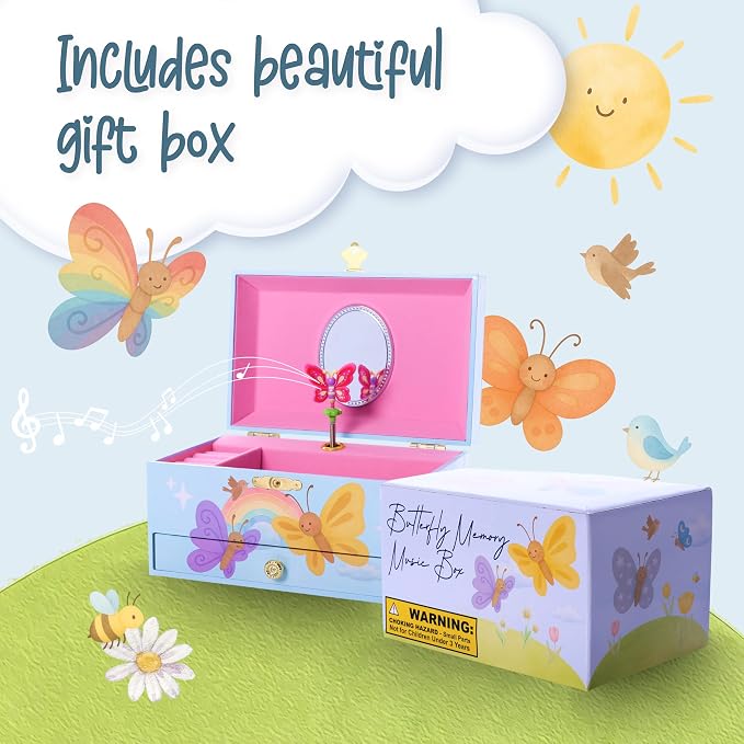 The Memory Building Co Butterfly Musical Jewelry Box Plays Classic Melody, Storage Organizer Music Box for Kids Ages 6-12, MDF Wood w/ 2 Fabric Lined Ring Bracelet Necklace Treasure Compartments - Image 7