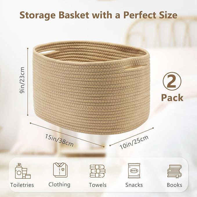 ECDYQXVU Cotton Rope Storage Basket, 15x10x9 Inches, Woven Basket for Shelves, Clothes, Towels, Books, and Laundry, Jute Brown (2 Pack) - Image 2