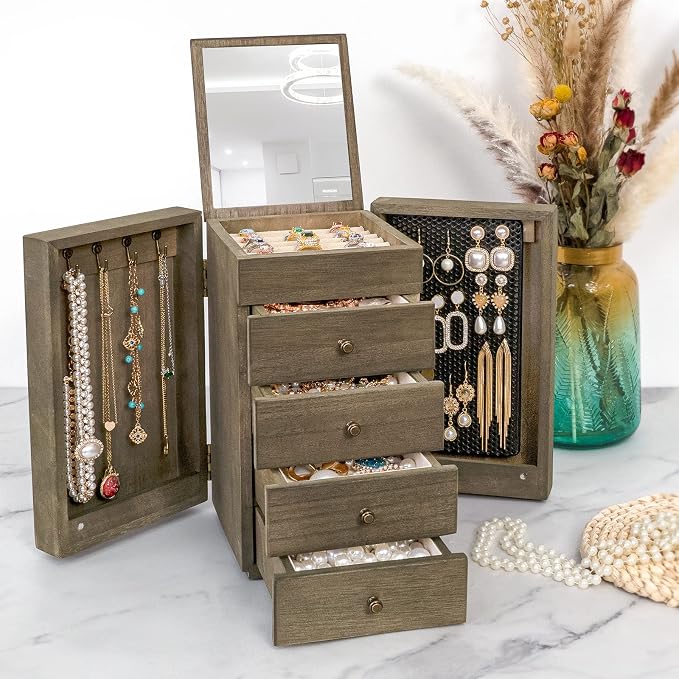 Meangood Jewelry Box Wood for Women, 5-Layer Large Organizer Box with Mirror & 4 Drawers for Rings, Earrings, Necklaces, Vintage Style, Weathered Grey by Meangood