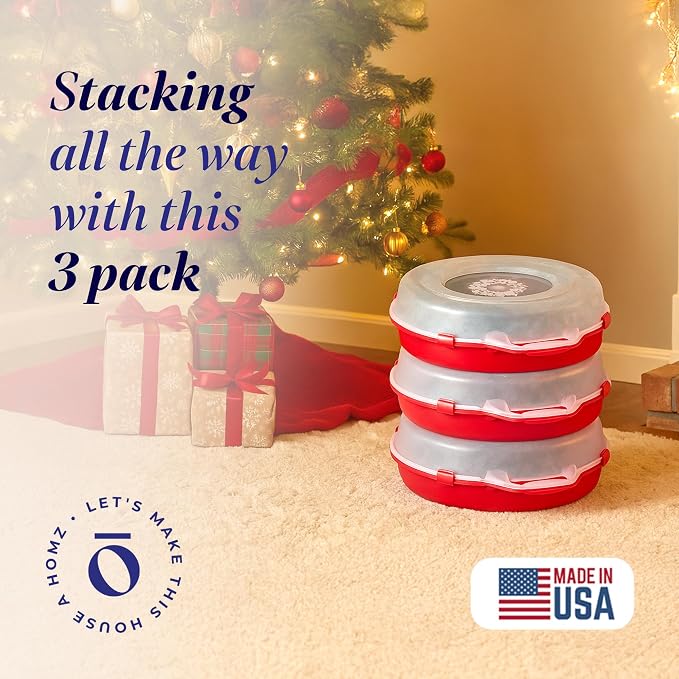 HOMZ 3-Pack 24 Inch Seasonal Holiday Clear Plastic Wreath Storage Containers, Red – Stackable Decoration Organizer Bins with Lids and Handles for Christmas Wreaths and Garlands - Image 2