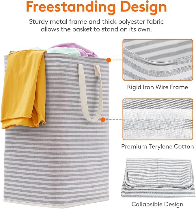 Lifewit 1 Pack Laundry Basket 80L Each, Collapsible Clothes Hamper with Reinforced Handles, Freestanding Waterproof Design for Bedroom and Laundry Room, Grey 80L Total - Image 2