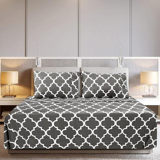 Utopia Bedding Queen Sheet Set, Soft Microfiber 4 Piece Bed Sheets with 15" Deep Pocket - Easy Care Brushed Microfiber (Quatrefoil - Grey)