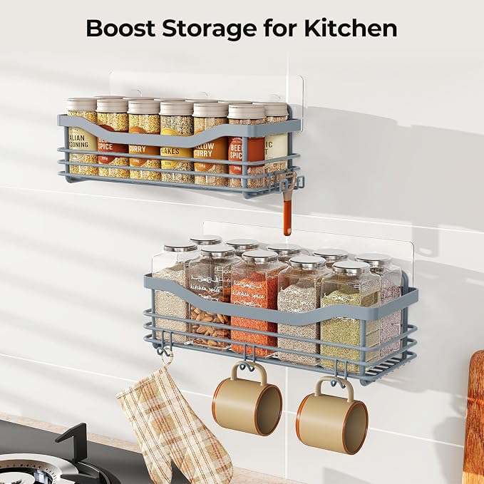 Orimade Shower Caddy Basket Shelf Storage Rack, No Drilling Wall Mounted Adhesive Rust Resistant Stainless Steel Shower Organizer with 5 Hooks for Bathroom, Light Blue Grey 2 Pack - Image 6
