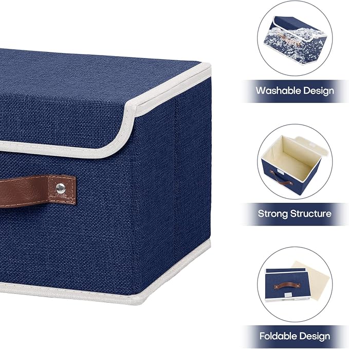 ANMINY 2PCS Storage Bins with Lid PU Leather Handles Storage Boxes PP Plastic Board Decorative Foldable Lidded Cotton Linen Fabric Home Cubes Baskets Closet Organizer Containers - Blue, Small Size - Image 4