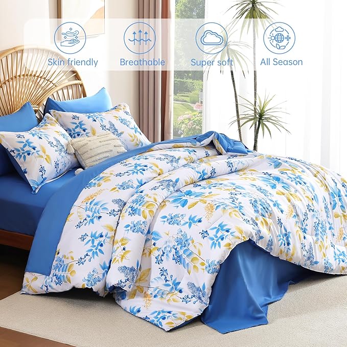 Cottolester Teal Comforter Set Queen Size Floral 7-Piece Bedding Set,Botanical Comforter Set with Pillowcases,Soft Microfiber Complete Bedding Sets for All Season